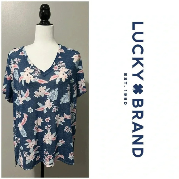 Lucky Brand Classic V Neck Floral Pattern T  Shirt - Picture 1 of 12